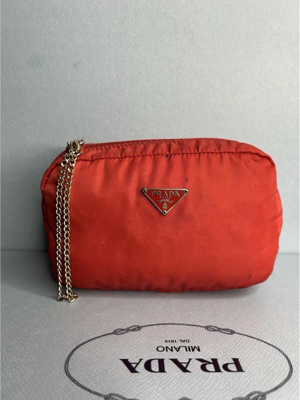 Prada Nylon Scarlet Red Pouch Authentic Vintage W/ Chain